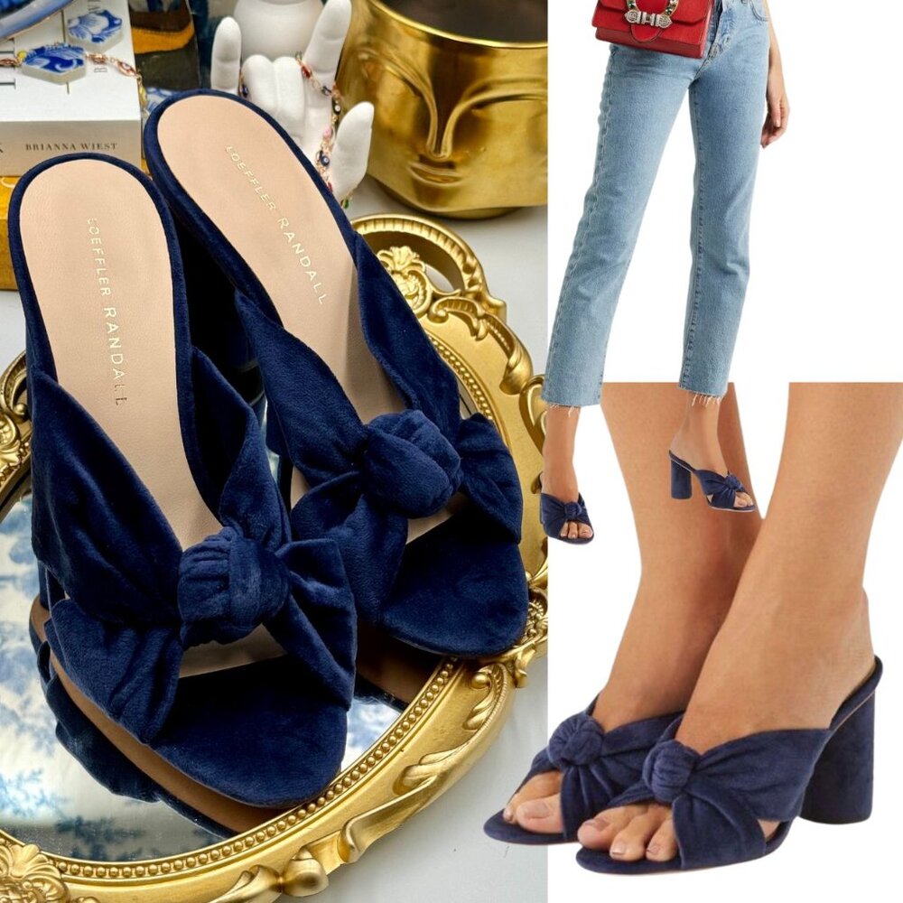 🆕 LOEFFLER RANDALL 🧿 NWOB Coco Knotted Velvet Block Heel Mules, Blue, Sz 7